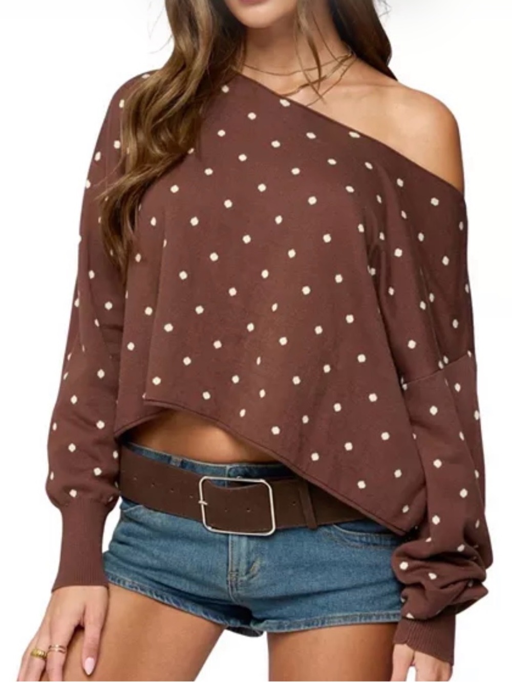 NWT Edikted Polka Dot Brown Cropped Sweater - Cream Dot Detail